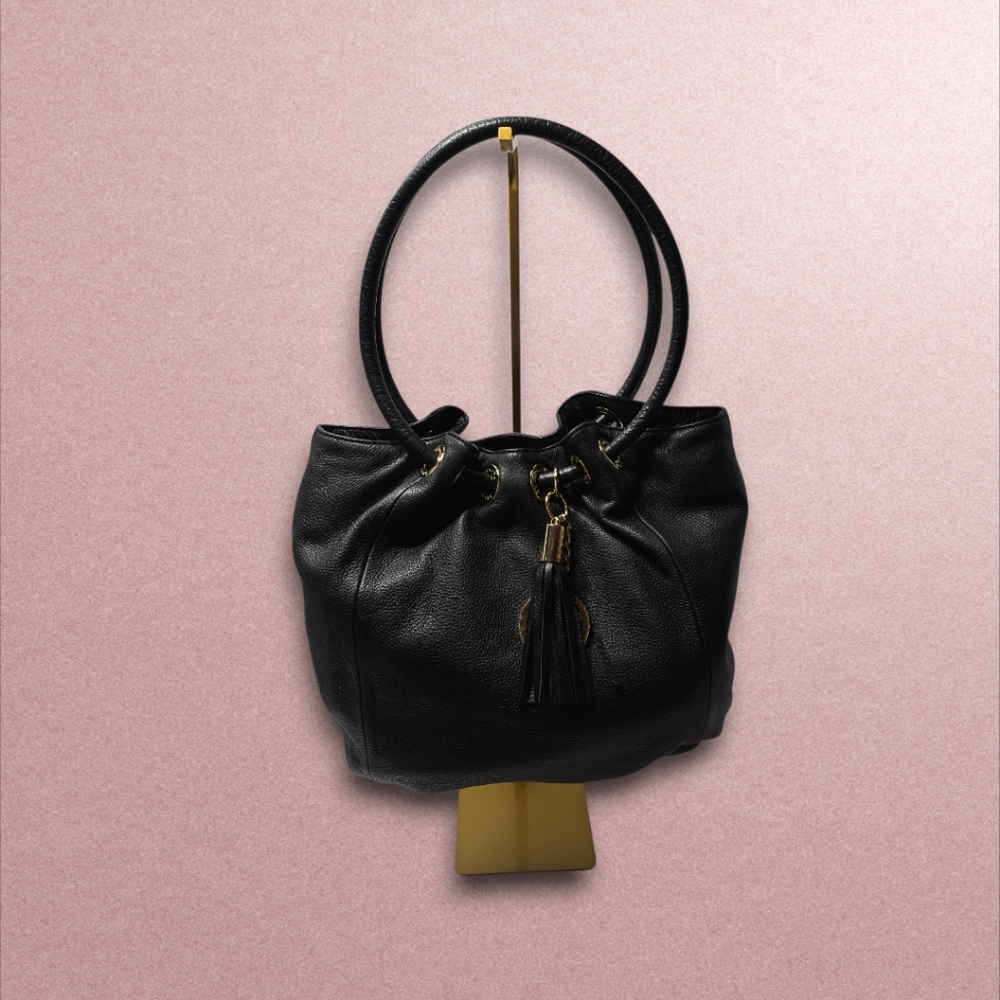 Michael Kors East West Black Pebbled Leather Bucket Bag Round Handles Large